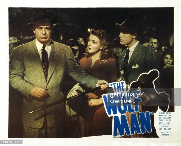 The Wolf Man, US lobbycard, from left: Lon Chaney Jr, Evelyn Ankers, Patric Knowles, 1941.