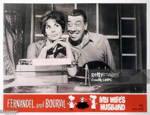 My Wife's Husband, , US lobbycard, from left, Claire Maurier, Fernandel, 1963.