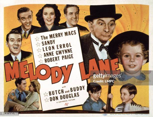 Melody Lane, US lobbycard, clockwise from left, the Merrry Macs: Judd McMichael, Joe McMichael, Mary Lou Cook, Ted McMichael, Leon Errol, Baby Sandy,...