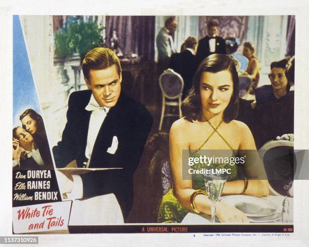 White Tie And Tails, US lobbycard, from left: Dan Duryea, Ella Raines, 1946.