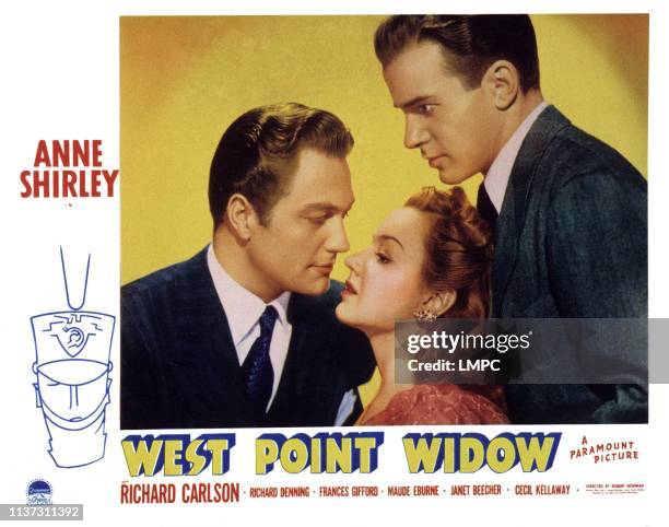 West Point Widow, US lobbycard, from left: Richard Denning, Anne Shirley, Richard Carlson, 1941.