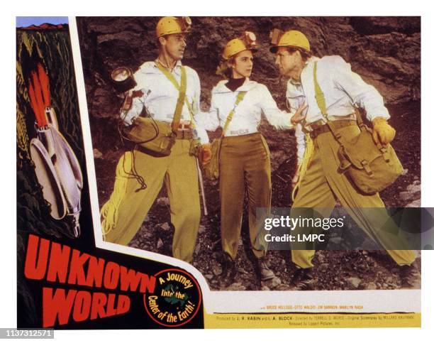 Unknown World, US lobbycard, from left: Jim Bannon, Marilyn Nash, Bruce Kellogg, 1951.