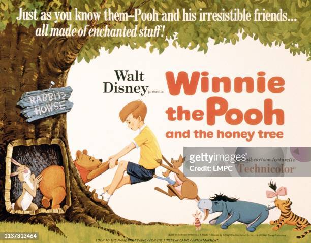 Winnie The Pooh And The Honey Tree, poster, US poster, from left: Rabbit, Winnie the Pooh, Christopher Robin, Roo, Kanga, Eeyore, 1966.