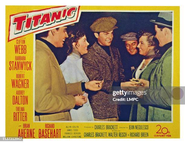 Titanic, US lobbycard, left from second left: Audrey Dalton, Robert Wagner, 1953.