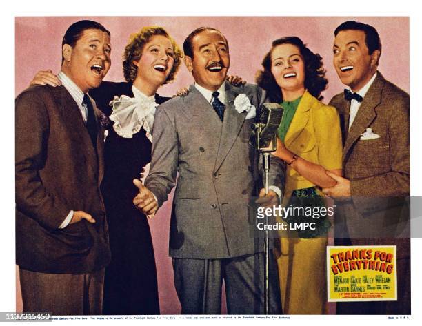 Thanks For Everything, US lobbycard, from left: Jack Oakie, Binnie Barnes, Adolphe Menjou, Arleen Whelan, Jack Haley, 1938.