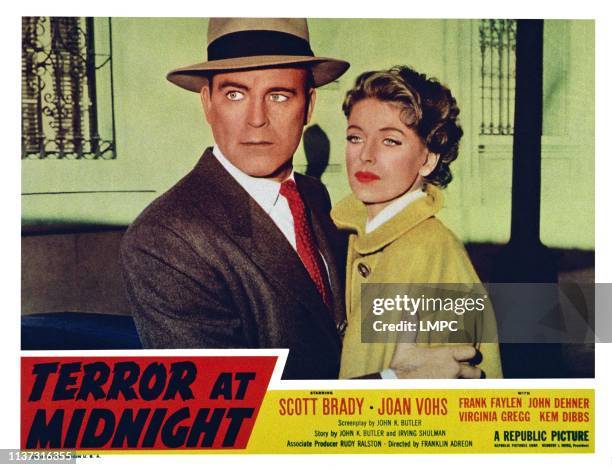 Terror At Midnight, US lobbycard, from left: Scott Brady, Joan Vohs, 1956.