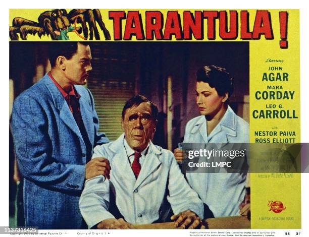 Tarantula, US lobbycard, from left: John Agar, Leo G. Carroll, Mara Corday, 1955.