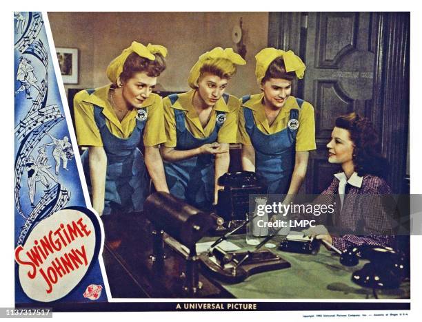 Swingtime Johnny, US lobbycard, The Andrews sisters, from left: Laverne Andrews, Patty Andrews, Maxene Andrews, Harriet Hilliard, 1943.