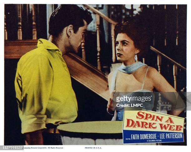 Spin A Dark Web, , US lobbycard, from left: Lee Patterson, Faith Domergue, 1956.