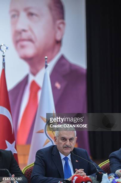 Istanbul mayoral defeated candidate Binali Yildirim of Turkish ruling Justice and Development Party speaks during a press conference at AKP's...