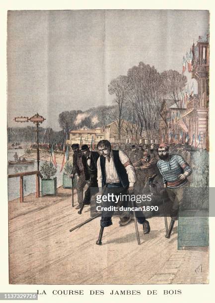 disabled athletes competing in a race, france, 19th century - amputee stock illustrations