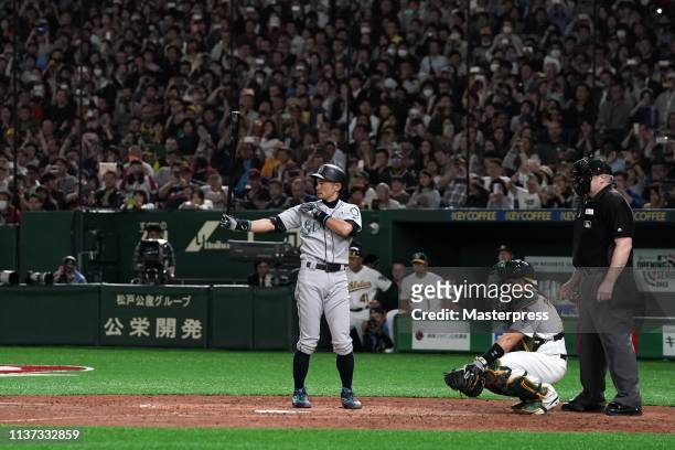 Outfielder Ichiro Suzuki of the Seattle Mariners at bat in the 7th inning during the game between Seattle Mariners and Oakland Athletics at Tokyo...