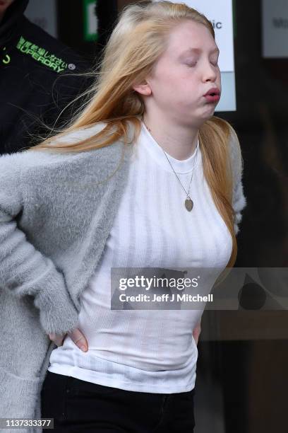 Alesha MacPhail's mother Georgina Lochrane leaves Glasgow High Court on March 21, 2019 in Glasgow, Scotland. Aaron Campbell, the sixteen year old...