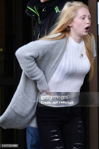 Alesha MacPhail's mother Georgina Lochrane leaves Glasgow High Court on March 21, 2019 in Glasgow, Scotland. Aaron Campbell, the sixteen year old...