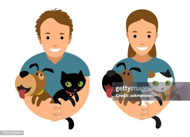 illustrazioni stock, clip art, cartoni animati e icone di tendenza di amanti degli animali domestici - stringere tenere