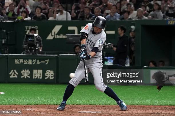 Outfielder Ichiro Suzuki of the Seattle Mariners grounds out in the 8th inning, last plate appearance, during the game between Seattle Mariners and...