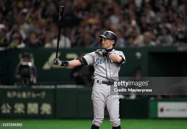 Outfielder Ichiro Suzuki of the Seattle Mariners at bat in the 8th inning, last plate appearance, during the game between Seattle Mariners and...