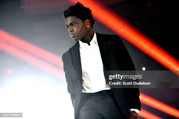 Rapper Kodak Black performs onstage during the 'Dying to Live' tour at Hollywood Palladium on March 20, 2019 in Los Angeles, California.