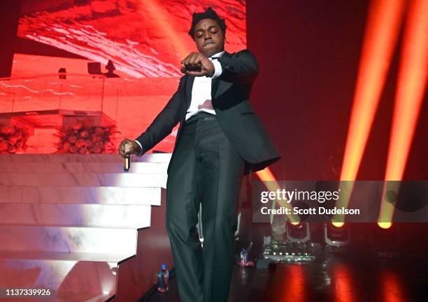 Rapper Kodak Black performs onstage during the 'Dying to Live' tour at Hollywood Palladium on March 20, 2019 in Los Angeles, California.