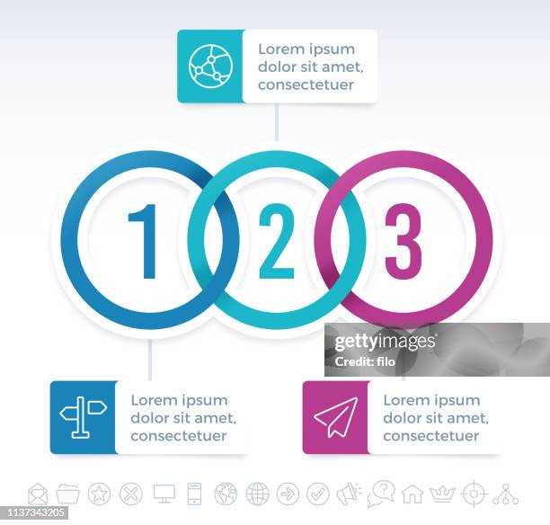 illustrations, cliparts, dessins animés et icônes de modèle infographique de trois cercles connectés - trois objets