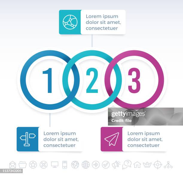 three connected circles infographic template - three objects stock illustrations