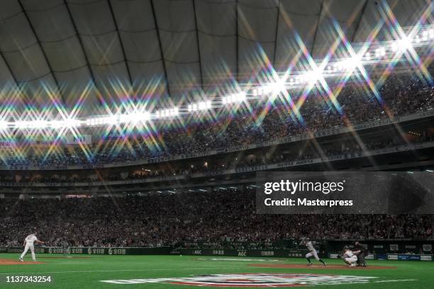 Outfielder Ichiro Suzuki of the Seattle Mariners grounds out in the 8th inning, his last plate appearance, during the game between Seattle Mariners...