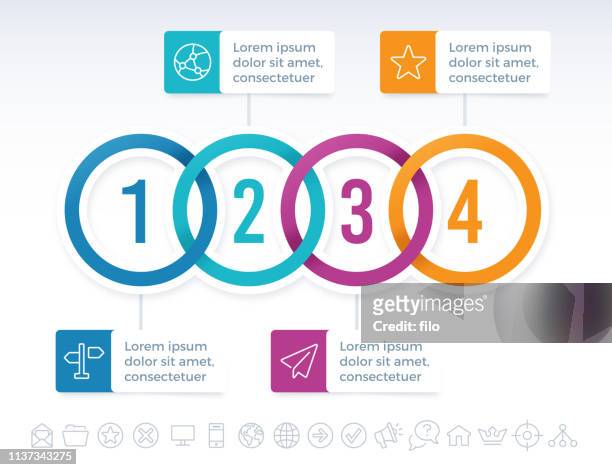 four connected circles infographic idea - four objects stock illustrations
