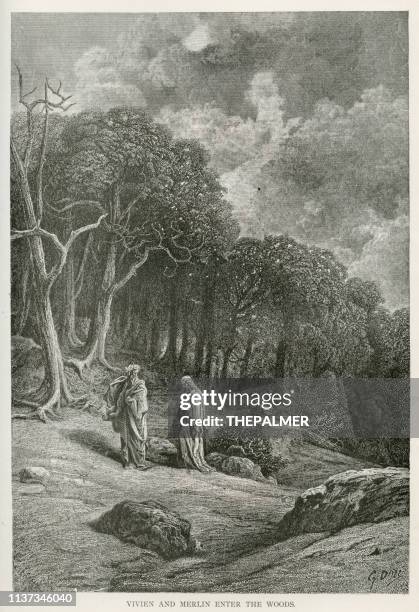 vivien and merlin enter the woods engraving 1889 - the legend of merlin and arthur stock illustrations