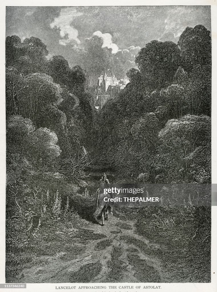 Lancelot aprroaching the castle engraving 1889