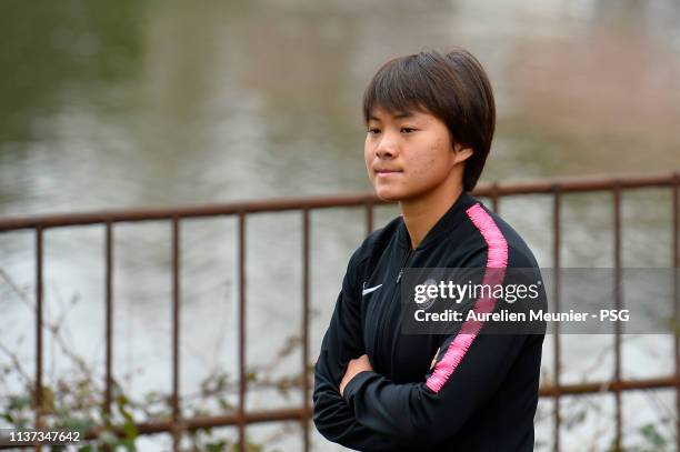 Shuang Wang looks on during the Paris Saint-Germain women pre-match walk before the UEFA Women's Champions League quarter final first leg match...