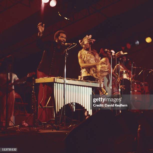 Roy Ayers, U.S. Funk, soul and jazz composer and vibraphone player, during a live concert performance, circa 1975.