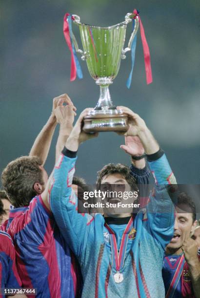 Barcelona goalkeeper Victor Baia lifts the trophy after their 1-0 European Cup Winners Cup Final victory against Paris Saint -Germain on the 14th...