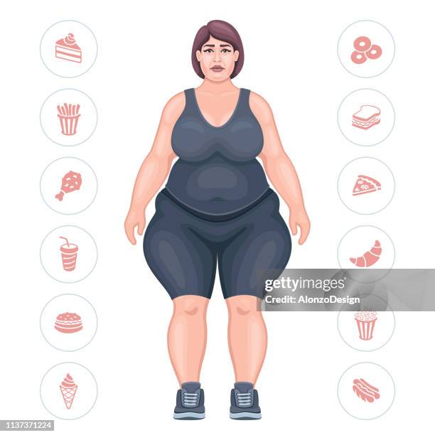 overweight woman with depressed expression. - woman eating chip stock illustrations