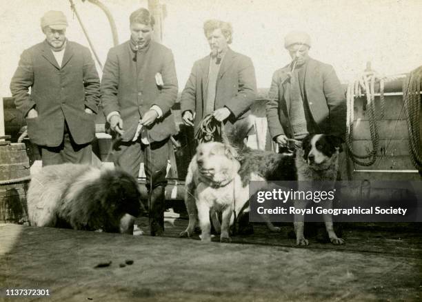 Sir Ernest Shackleton and three of the relieved party with some of the dogs, undated, Antarctica. Artist Frank Hurley.