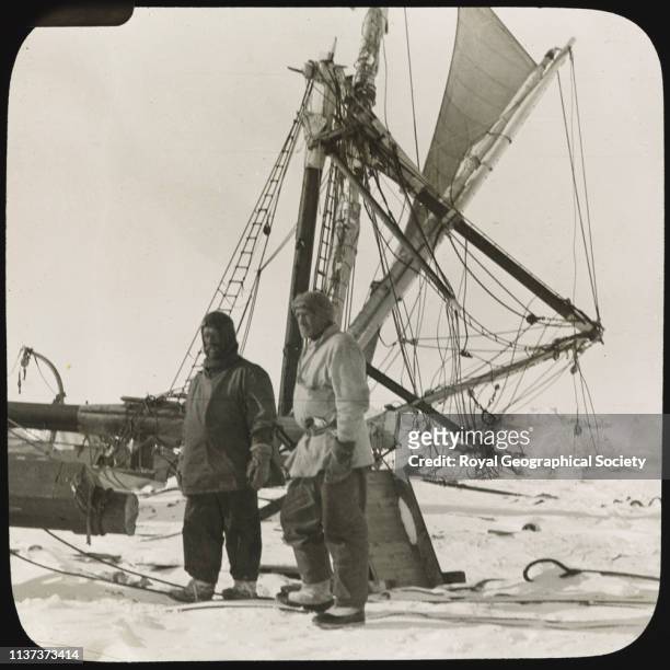 Wild and Shackleton beside the wreck of the Endurance, 28 October 1915, from a collection of lantern slides, which belonged to Reginald James,...