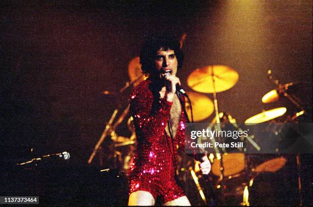 Freddie Mercury of Queen performs on stage at Wembley Arena, on May 11th, 1978 in London, England.