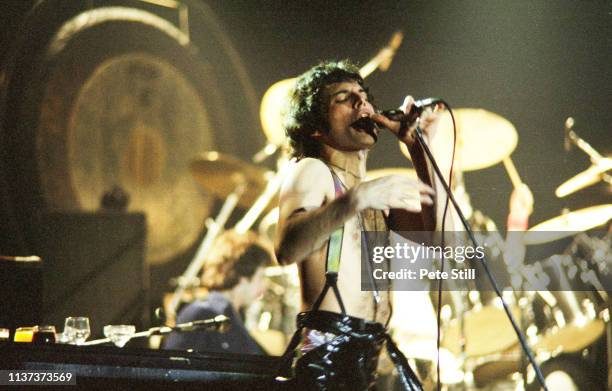 Freddie Mercury of Queen performs on stage at Wembley Arena, on May 11th, 1978 in London, England.