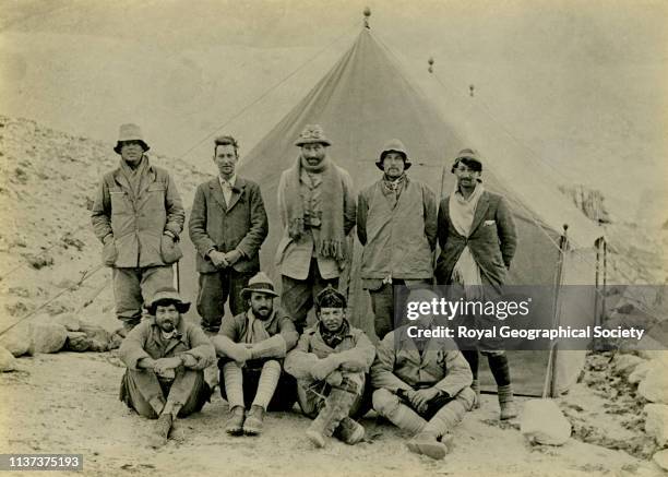 The 1924 Mount Everest team, Left to right : Irvine, Mallory, Norton, Odell and MacDonald. Left to right : Shebbeare, Bruce, Somervell and Beetham,...