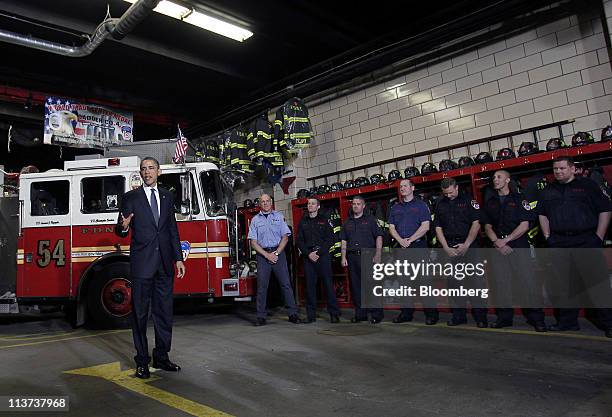 President Barack Obama speaks to firefighters at the headquarters of Engine Company 54, Ladder Company 4 and Battalion 9, in New York, U.S., on...