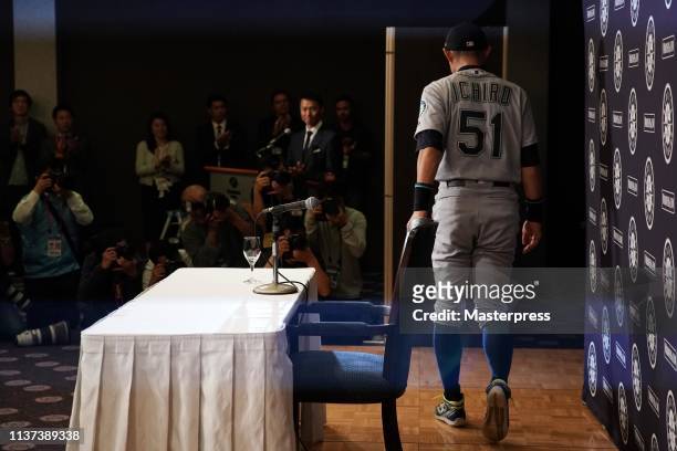 Outfielder Ichiro Suzuki of the Seattle Mariners leaves after his retirement press conference after the game between Seattle Mariners and Oakland...