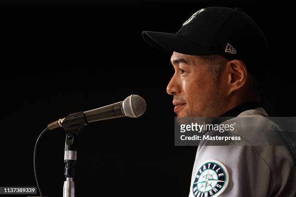 Outfielder Ichiro Suzuki of the Seattle Mariners attends his retirement press conference after the game between Seattle Mariners and Oakland...