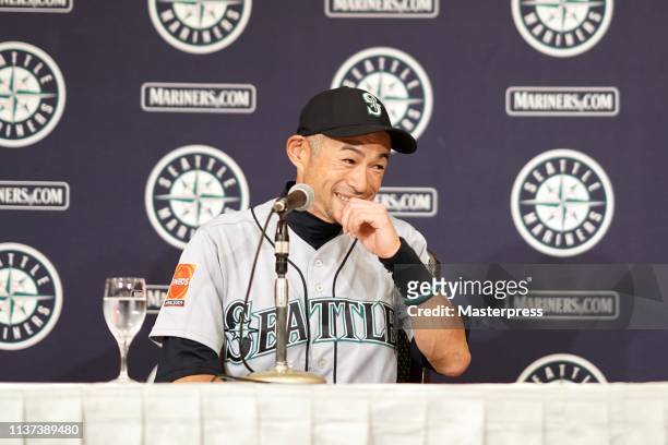 Outfielder Ichiro Suzuki of the Seattle Mariners attends his retirement press conference after the game between Seattle Mariners and Oakland...