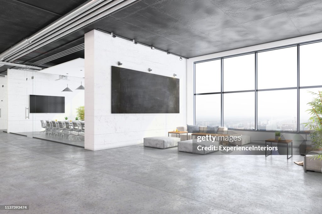 Moderno interior de oficina de planta abierta con sala de espera