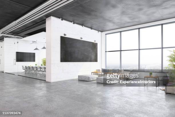 moderno interior de oficina de planta abierta con sala de espera - sala de espera edificio público fotografías e imágenes de stock