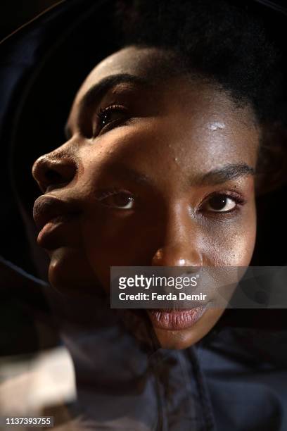 Model is seen backstage at the Ozlem Suer show during Mercedes-Benz Istanbul Fashion Week at Zorlu Performance Hall on March 21, 2019 in Istanbul,...