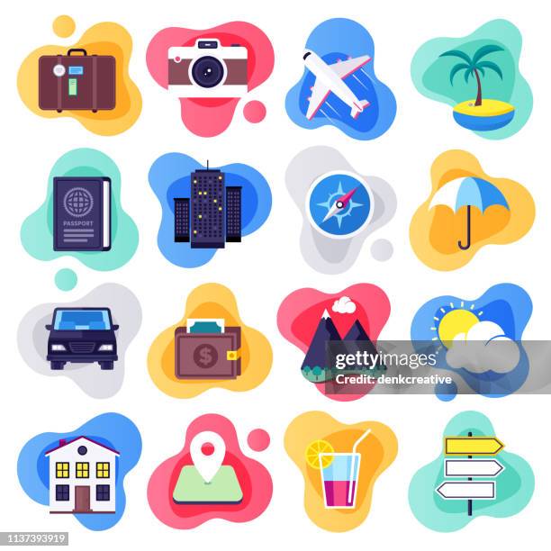 illustrazioni stock, clip art, cartoni animati e icone di tendenza di set di icone vettoriali stile flusso piatto vacanze e viaggi - travel