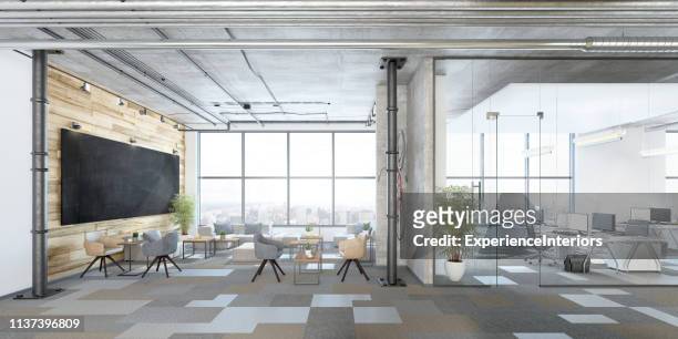 modern open plan office interior - panoramic office stock pictures, royalty-free photos & images