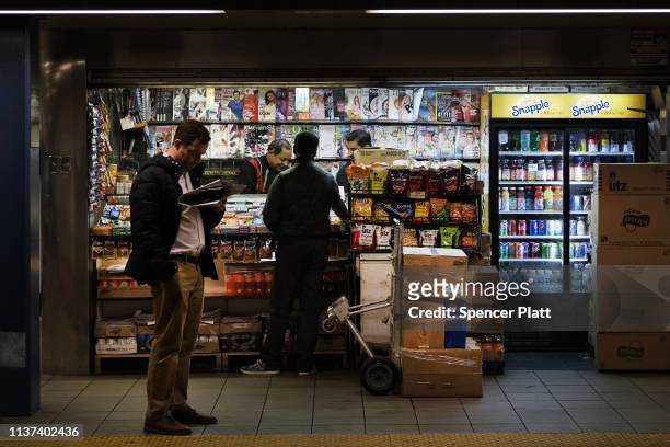 Subway newsstand sells snacks, newspapers and other sundry items to commuters in Brooklyn on March 21, 2019 in New York City. According to the...