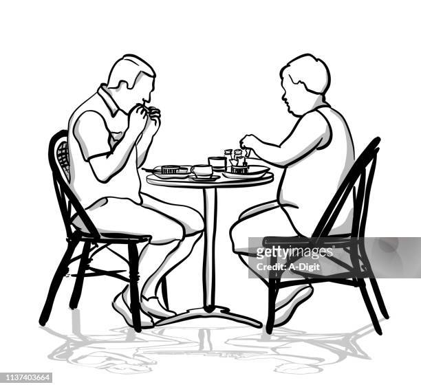 married couple breakfast out - patio stock illustrations