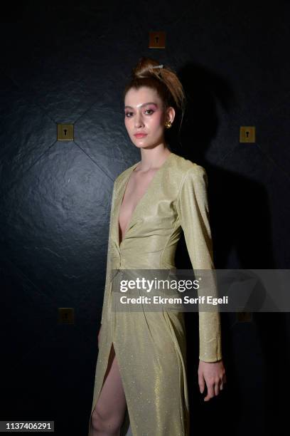 Model is seen backstage on the Ezra Tuba show during Mercedes-Benz Istanbul Fashion Week on March 21, 2019 in Istanbul, Turkey.